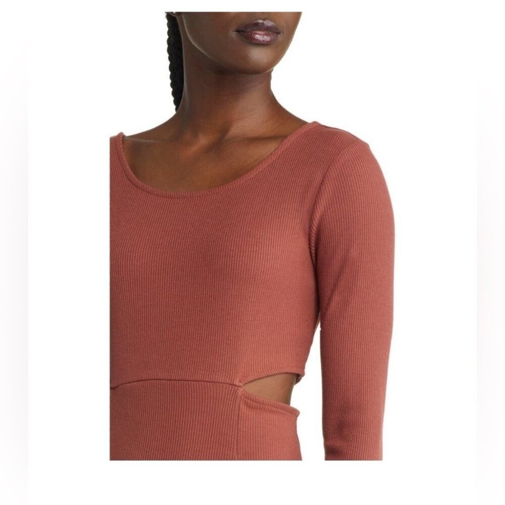 Open Edit Womens Rust Ribbed Cutout Long-Sleeve Mini Dress Size M - Picture 8 of 11